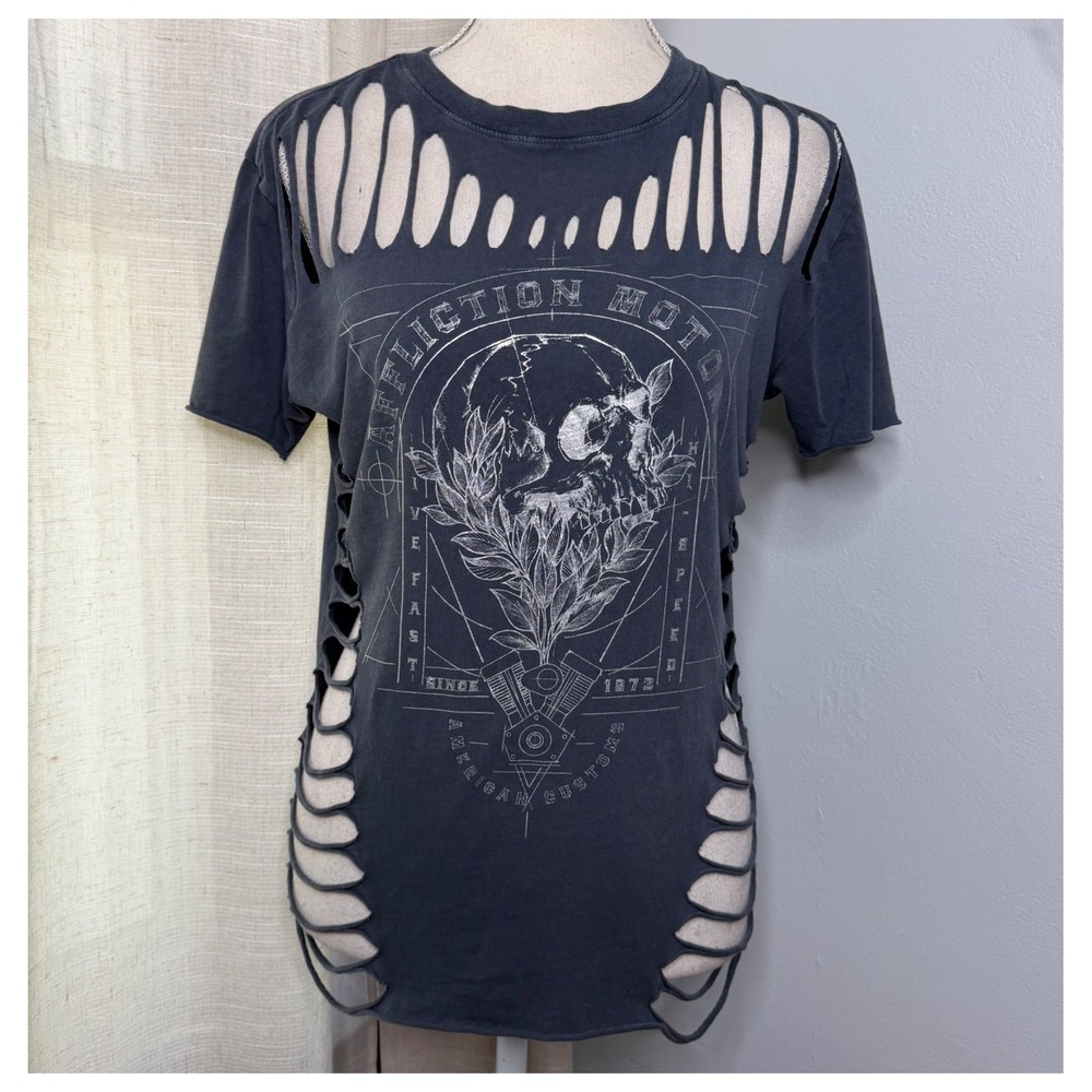Affliction American Customs Davey Jones Shirt Distressed Cutout Skull Gray XS